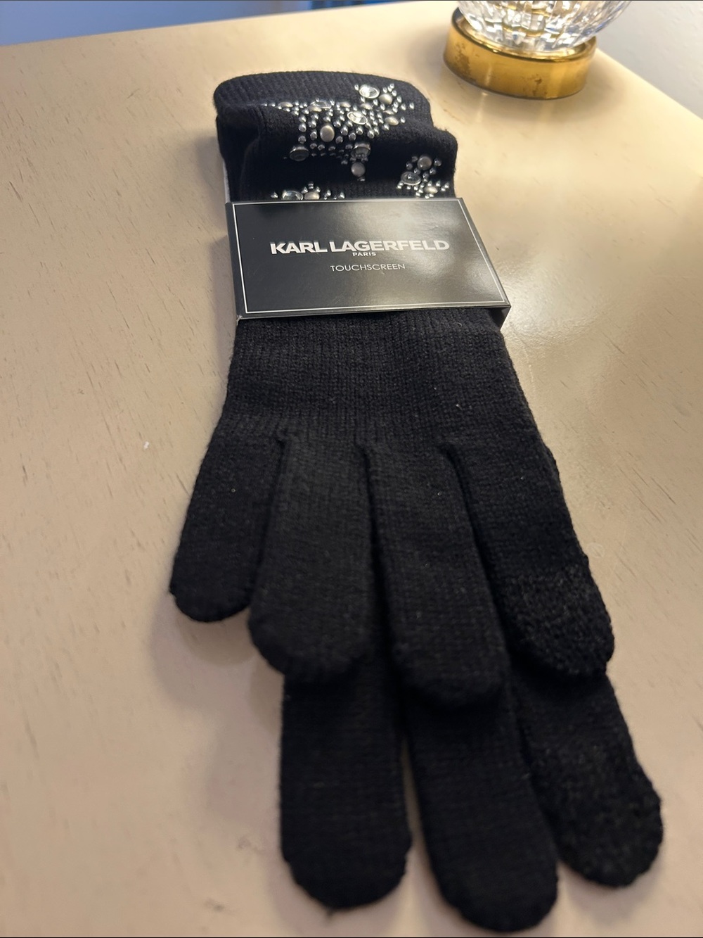 Karl Lagerfeld Black Knit Touchscreen Gloves with Stud Embellishment